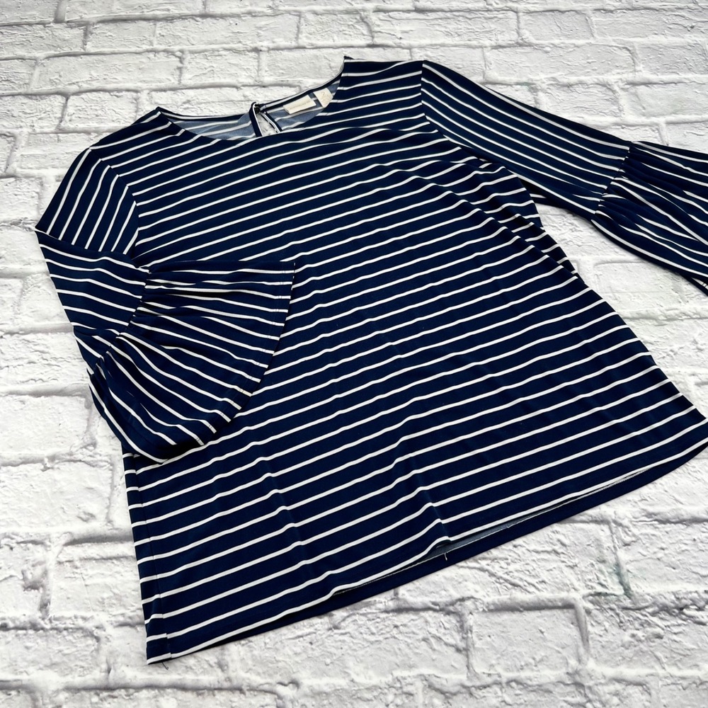 Chicos Navy Blue White Striped Bell Sleeve Knit Top Size 2 XL